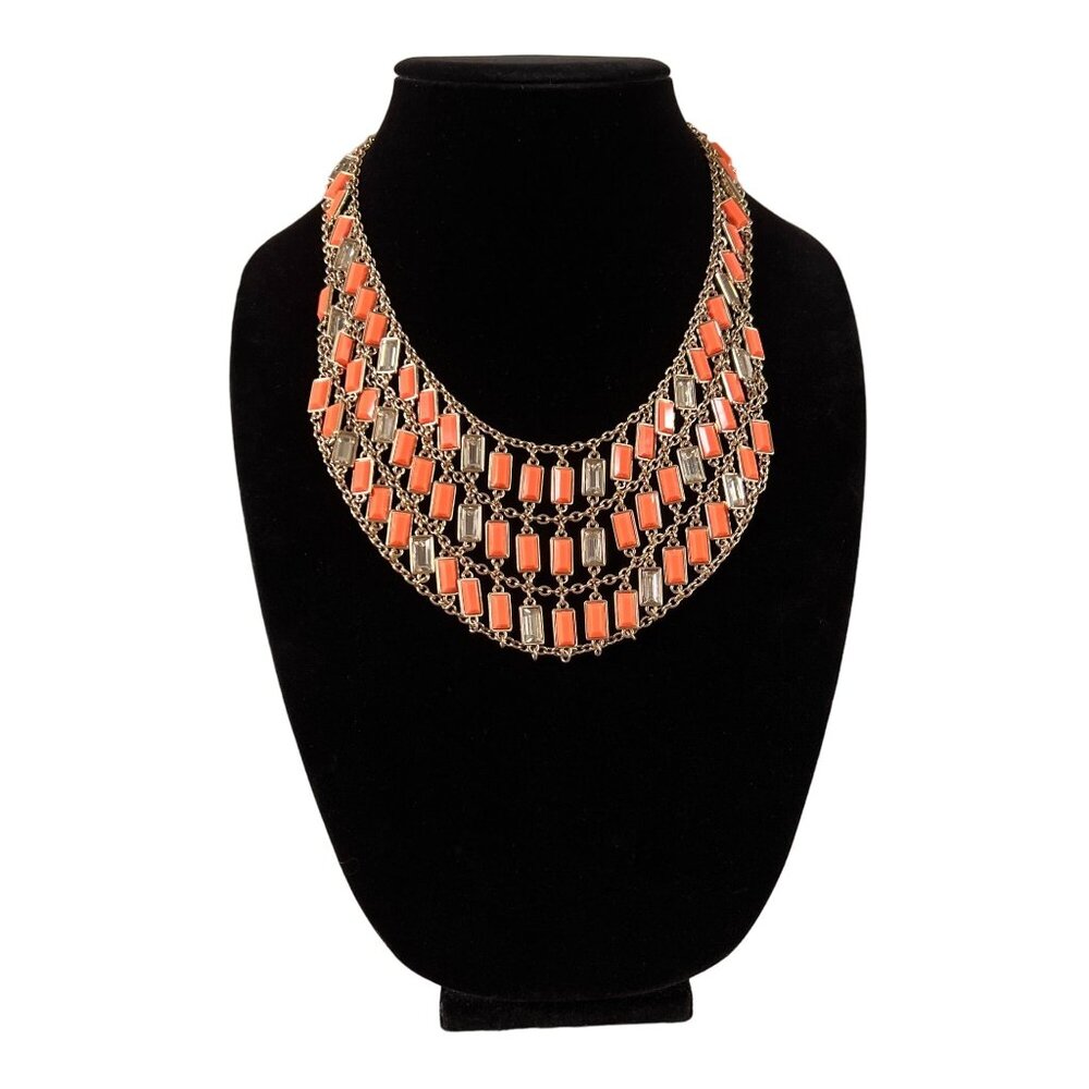 Banana Republic Milly 3 Layer Bib Necklace Orange Coral Gold Rhinestone …